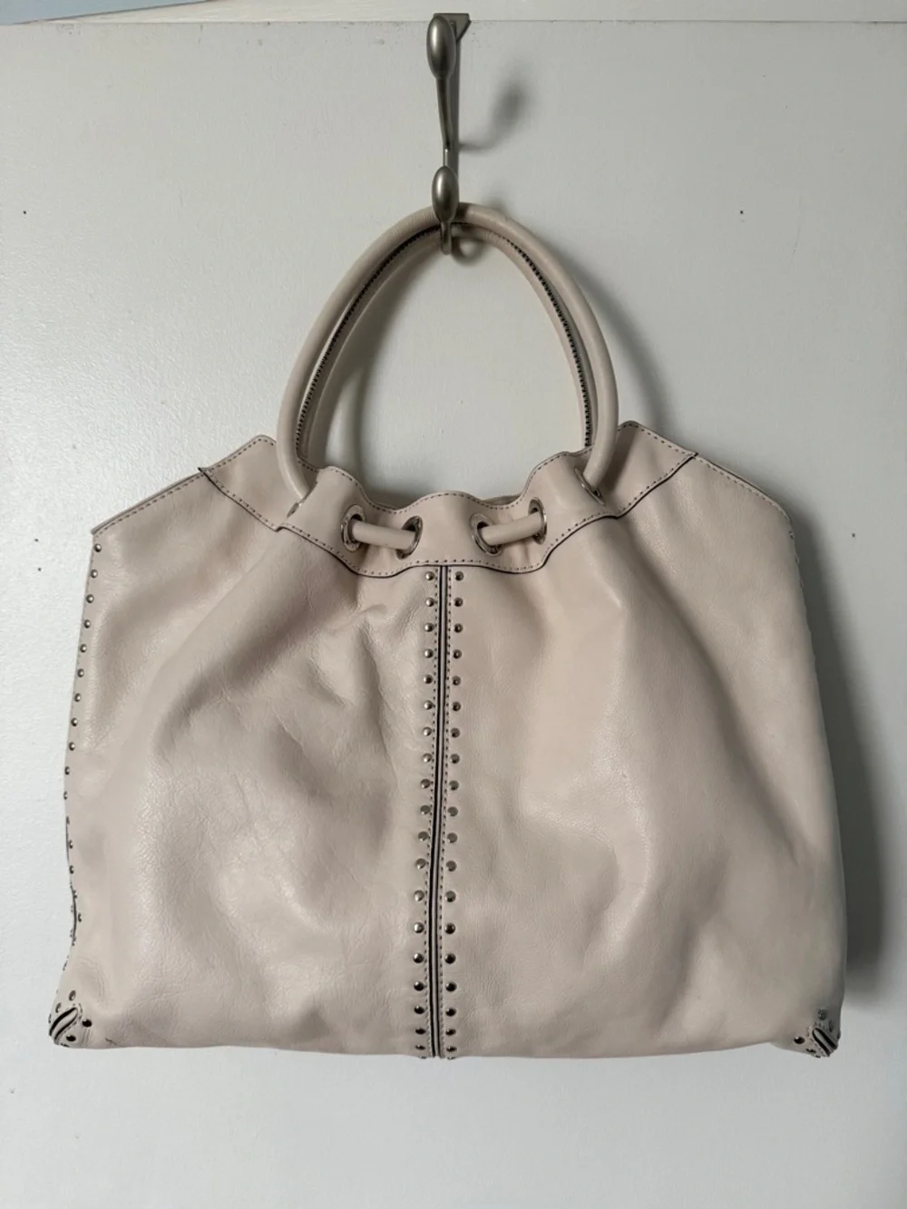 Michael Kors Astor Ivory Leather Studded Double Handle Purse Snap Closure Bag